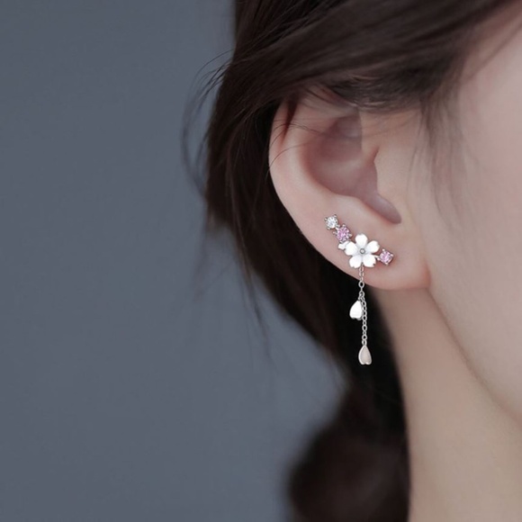 925 Sterling Silver Cherry Blossom Earrings Dangle Flower Petal Drop Earrings - Picture 5 of 5